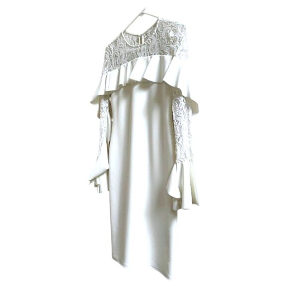 Betsy & Adam White Lace Ruffle Sheath Dress 2 Bridal Cocktail Wedding Guest - Picture 8 of 9